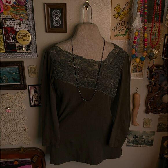 Lace Trim T-Shirt Women's Small Green Asymmetrical Quarter Sleeve Witchery - Picture 1 of 7